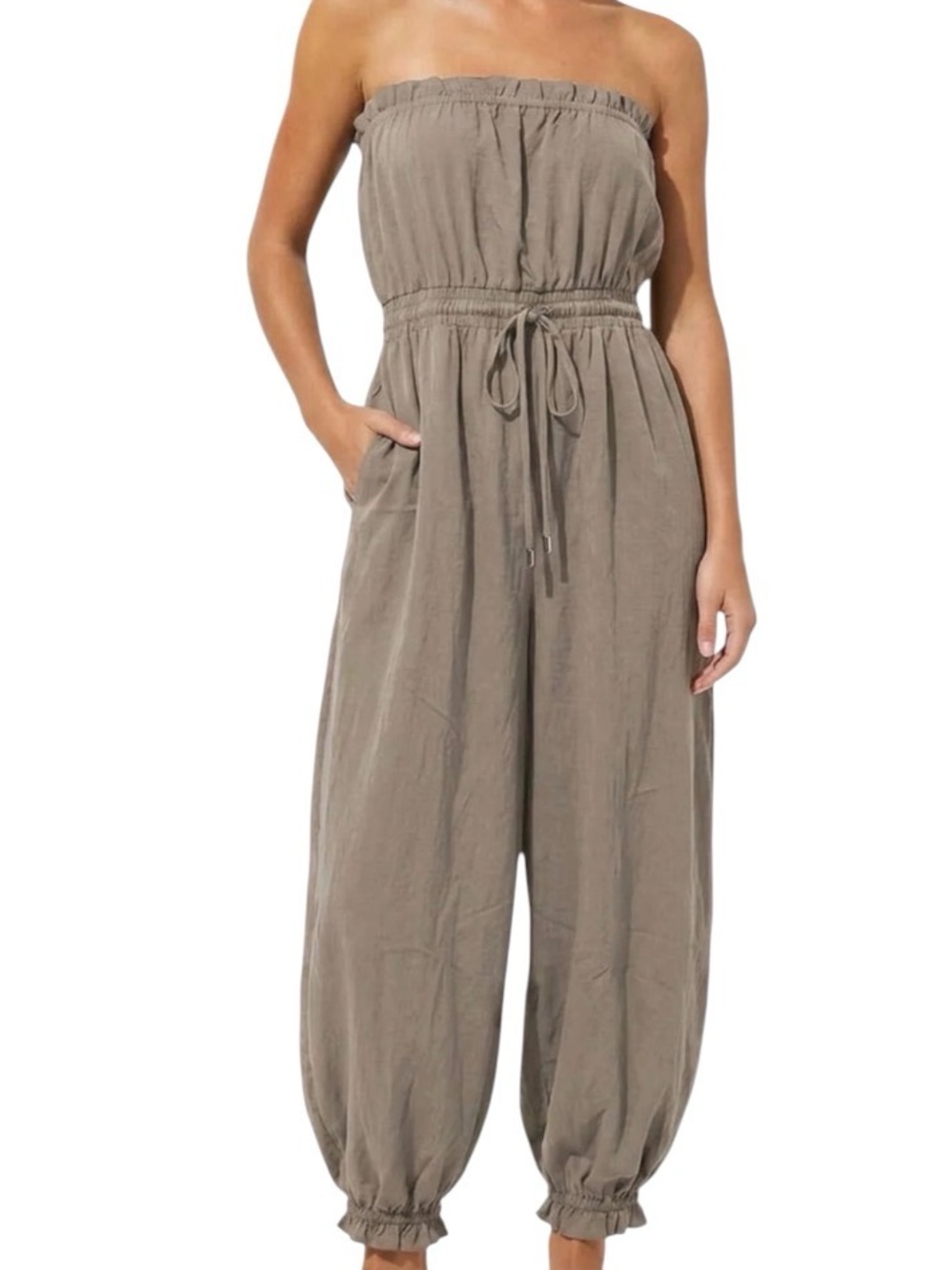 H&M strapless linen-blend jumpsuit in a muted taupe